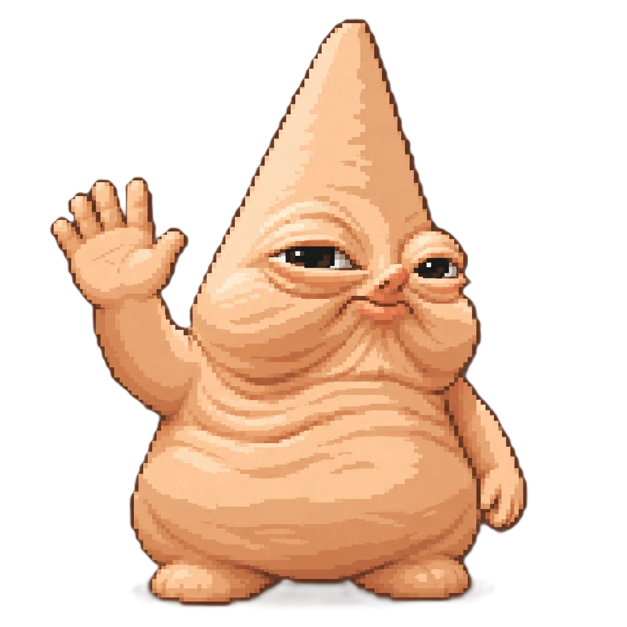 Qenis, a wrinkly cone-headed creature, waving hello